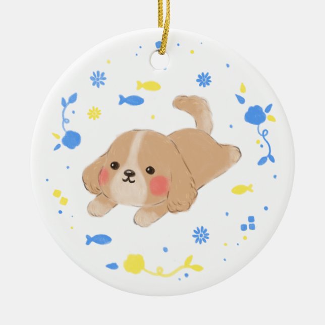 Cute Happy Puppy Illustration Ceramic Tree Decoration (Front)