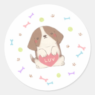 Cute Happy Puppy with LUV Illustration Classic Round Sticker
