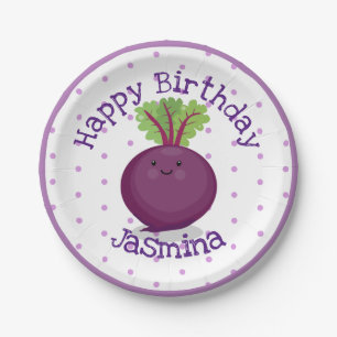 Cute happy purple beet cartoon illustration paper plate