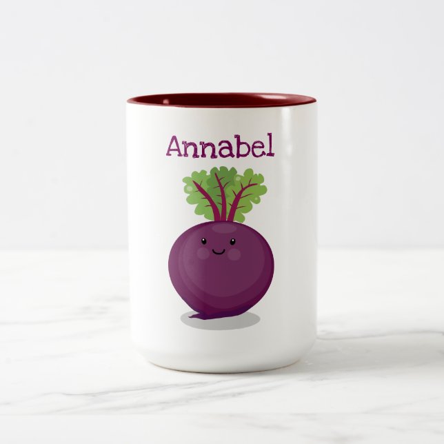 Cute happy purple beet cartoon illustration Two-Tone coffee mug (Center)