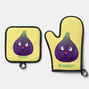 Cute happy purple fig fruit cartoon oven mitt & pot holder set