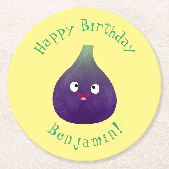 Cute happy purple fig fruit cartoon round paper coaster (Front)