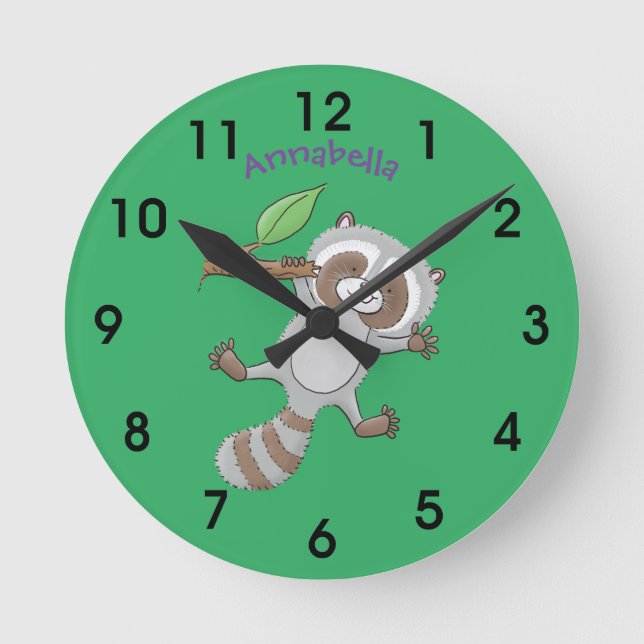 Cute happy raccoon baby cartoon illustration round clock (Front)