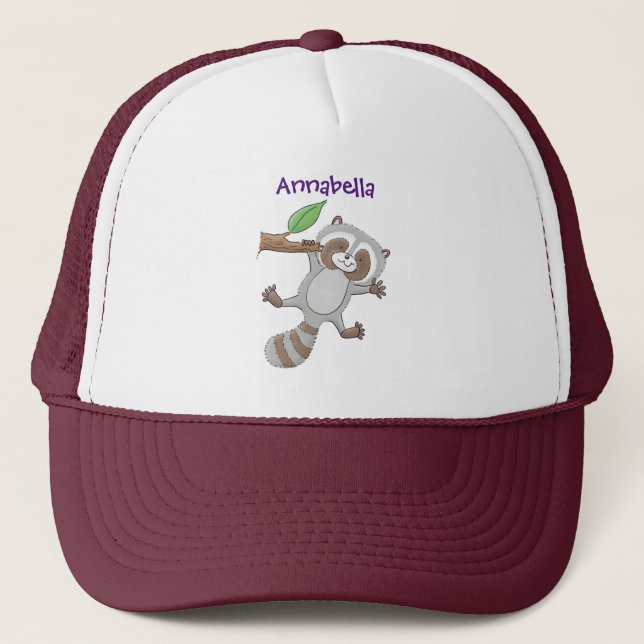 Cute happy raccoon baby cartoon illustration trucker hat (Front)