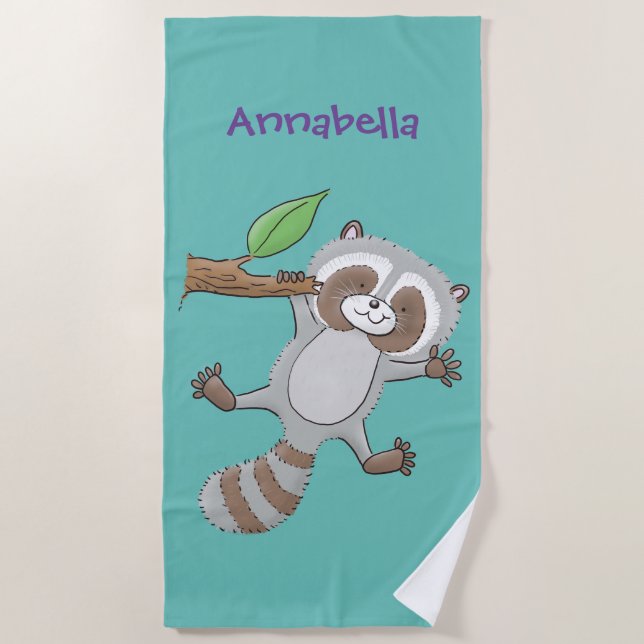 Cute happy racoon baby cartoon illustration beach towel (Front)