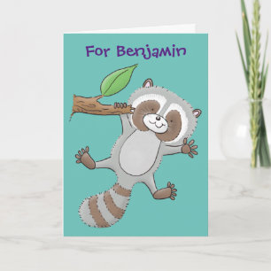 Cute happy racoon baby cartoon illustration card