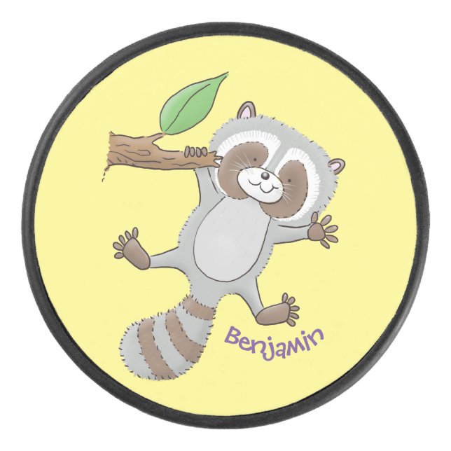 Cute happy racoon baby cartoon illustration hockey puck (Front)