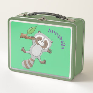 Cute happy racoon baby cartoon illustration metal lunch box
