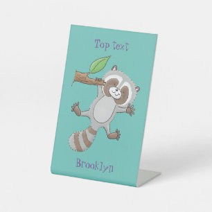 Cute happy racoon baby cartoon illustration pedestal sign