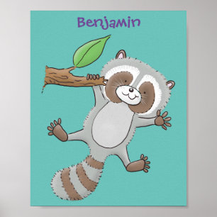Cute happy racoon baby cartoon illustration poster