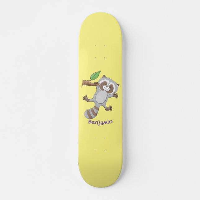 Cute happy racoon baby cartoon illustration skateboard (Front)