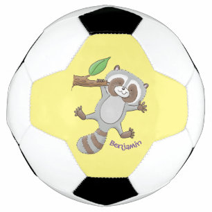 Cute happy racoon baby cartoon illustration soccer ball
