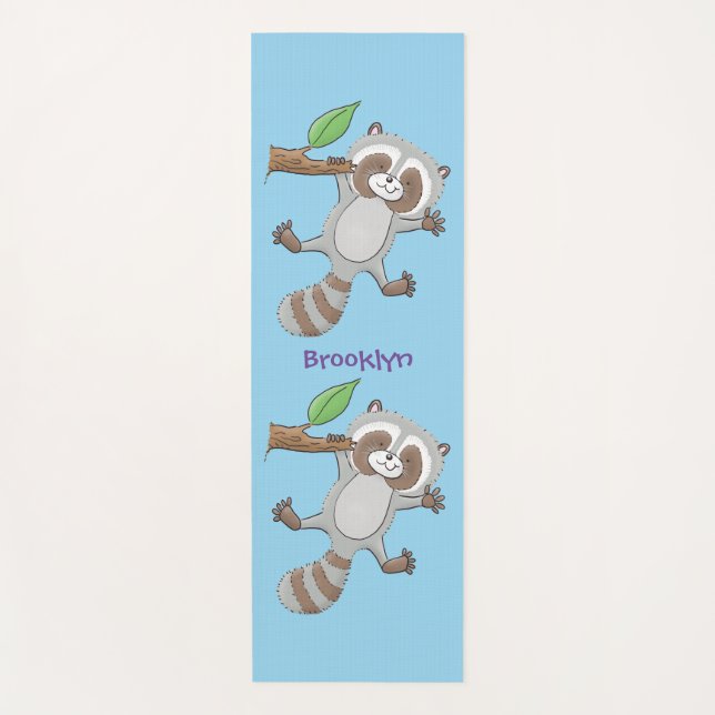 Cute happy racoon baby cartoon illustration yoga mat (Front)