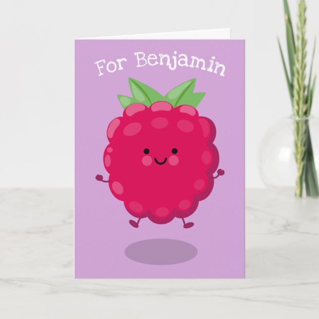 Cute happy raspberry cartoon illustration card (Front)