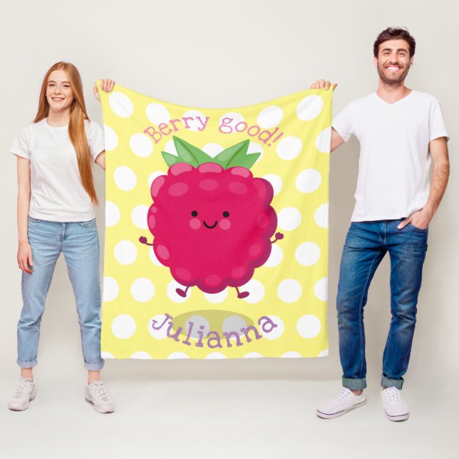 Cute happy raspberry cartoon illustration fleece blanket (In Situ)