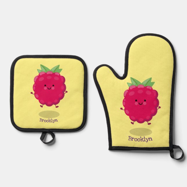 Cute happy raspberry cartoon illustration oven mitt & pot holder set (Front)