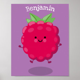 Cute happy raspberry cartoon illustration poster