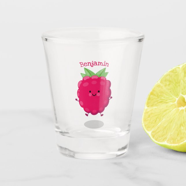 Cute happy raspberry cartoon illustration  shot glass (Front)