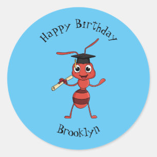 Cute happy red ant cartoon  classic round sticker