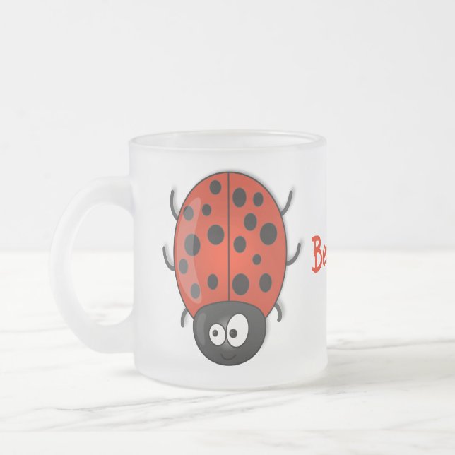 Cute happy red ladybug cartoon illustration frosted glass coffee mug (Left)