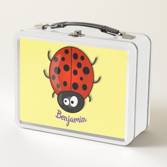 Cute happy red ladybug cartoon illustration metal lunch box (Front)