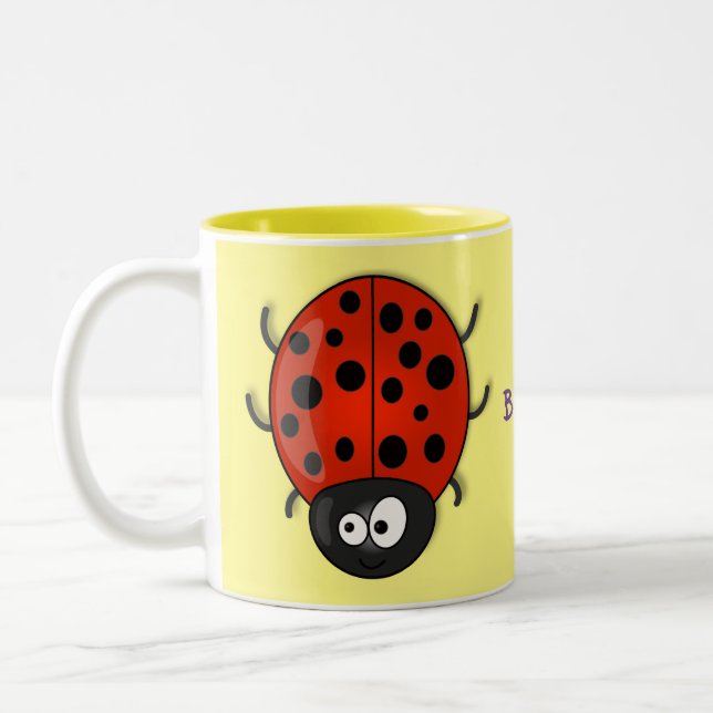 Cute happy red ladybug cartoon illustration Two-Tone coffee mug (Left)