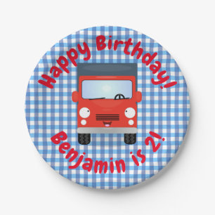 Cute happy red truck cartoon illustration paper plate