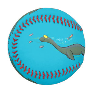 Cute, happy sea monster plesiosaur cartoon baseball