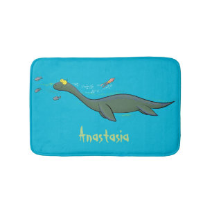 Cute, happy sea monster plesiosaur cartoon bath mat