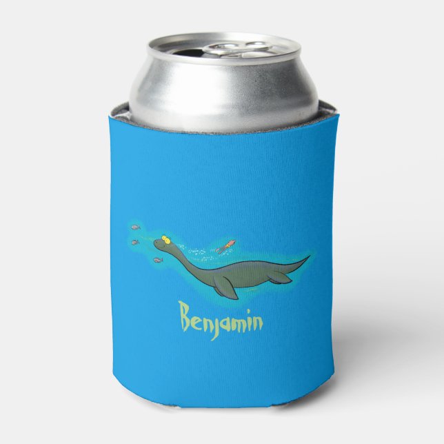Cute, happy sea monster plesiosaur cartoon can cooler (Can Front)