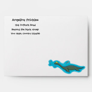 Cute, happy sea monster plesiosaur cartoon envelope