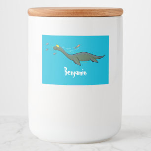 Cute, happy sea monster plesiosaur cartoon food label