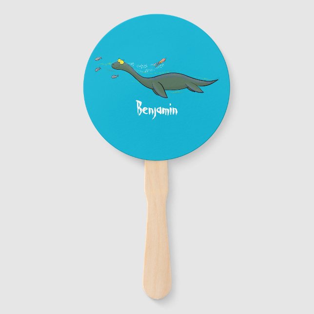 Cute, happy sea monster plesiosaur cartoon hand fan (Front)