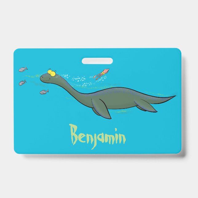 Cute, happy sea monster plesiosaur cartoon ID badge (Front)