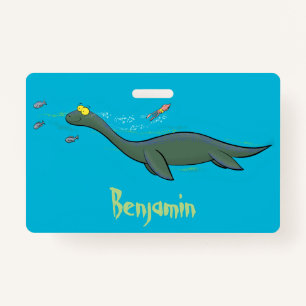 Cute, happy sea monster plesiosaur cartoon ID badge