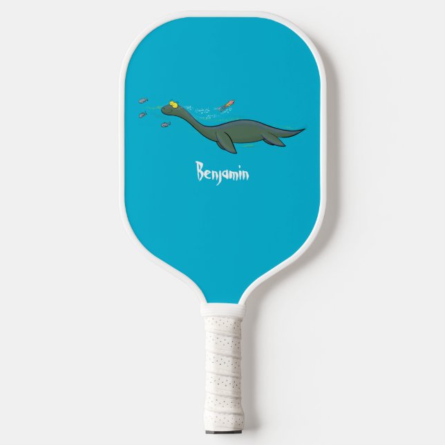 Cute, happy sea monster plesiosaur cartoon pickleball paddle (Front)