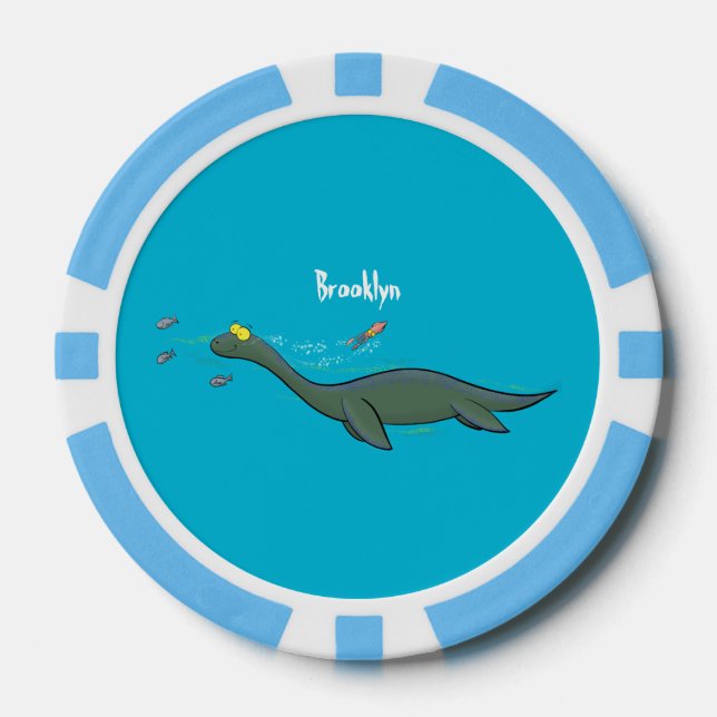 Cute, happy sea monster plesiosaur cartoon poker chips (Front)