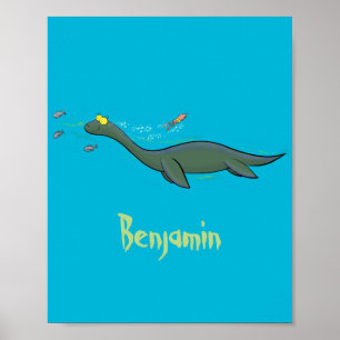 Cute, happy sea monster plesiosaur cartoon poster