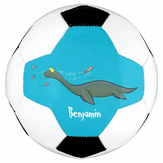 Cute, happy sea monster plesiosaur cartoon soccer ball (Front)
