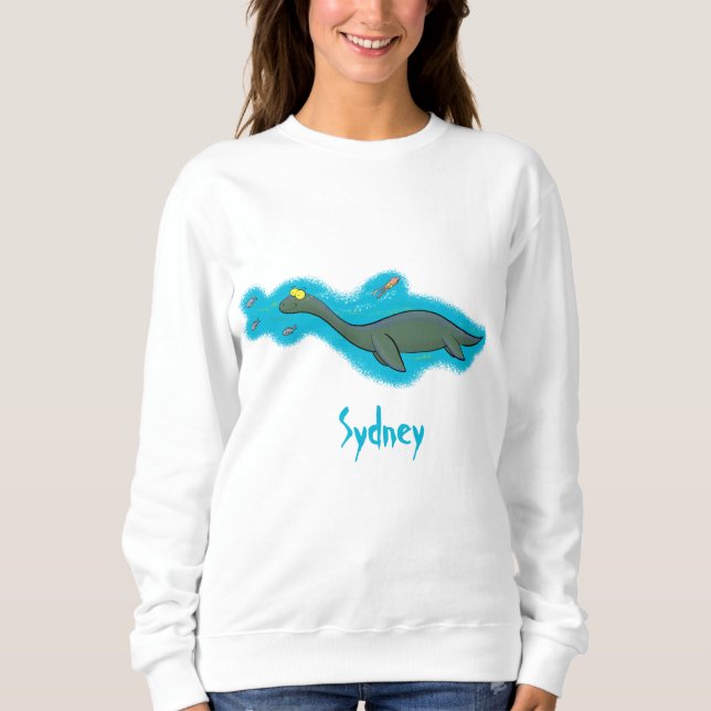 Cute, happy sea monster plesiosaur cartoon sweatshirt (Front)