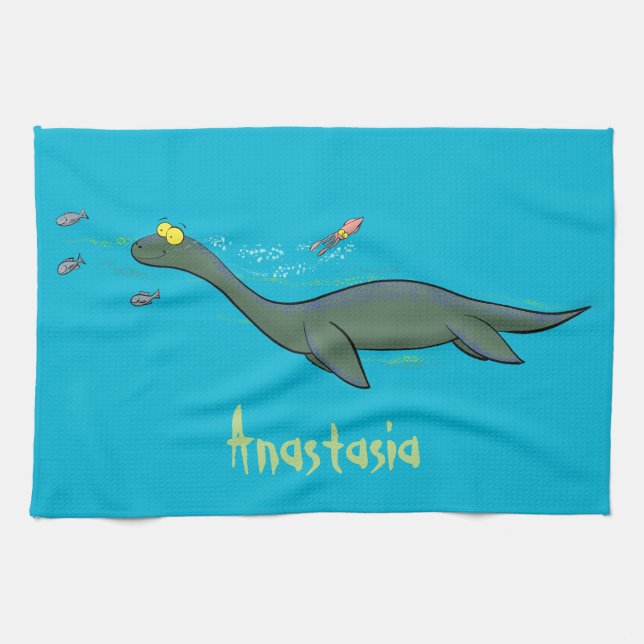 Cute, happy sea monster plesiosaur cartoon tea towel (Horizontal)