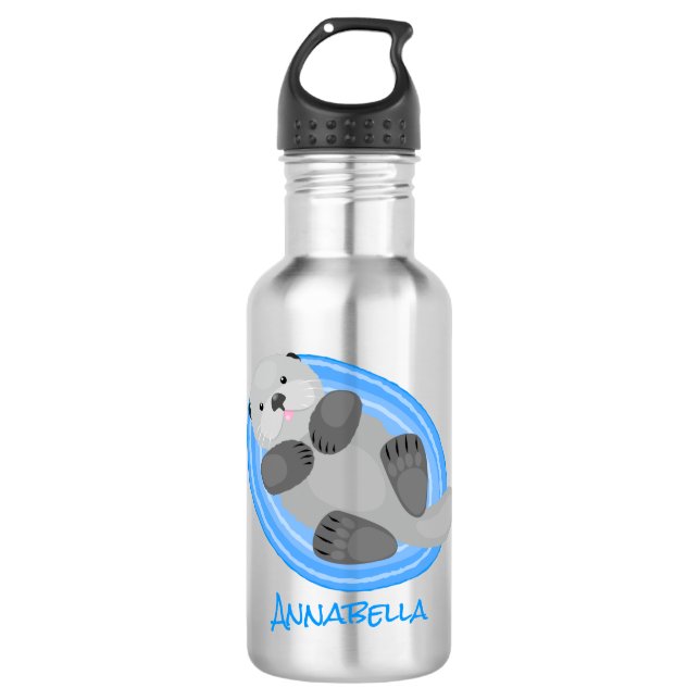 Cute happy sea otter blue cartoon illustration 532 ml water bottle (Front)