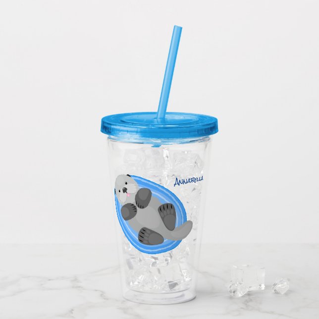 Cute happy sea otter blue cartoon illustration acrylic tumbler (Back Ice)