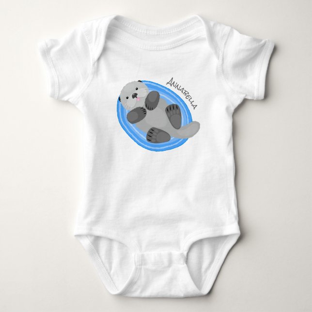 Cute happy sea otter blue cartoon illustration baby bodysuit (Front)