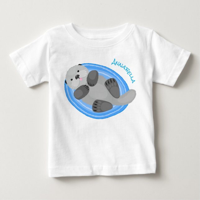Cute happy sea otter blue cartoon illustration baby T-Shirt (Front)