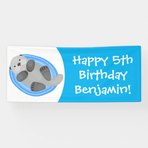 Cute happy sea otter blue cartoon illustration banner