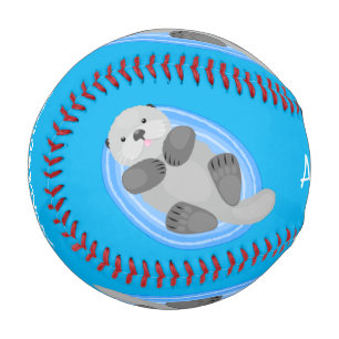 Cute happy sea otter blue cartoon illustration baseball