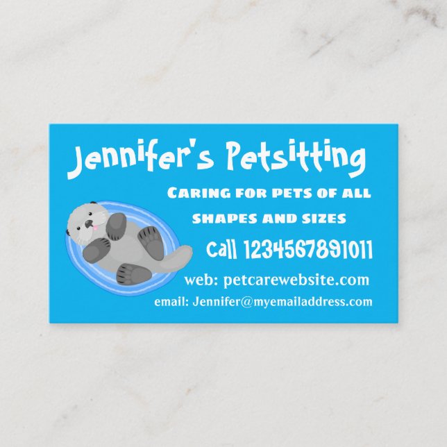 Cute happy sea otter blue cartoon illustration business card (Front)