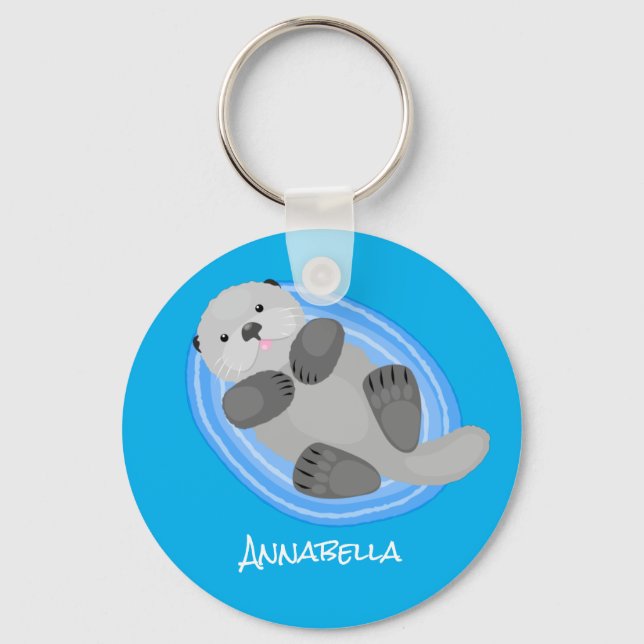 Cute happy sea otter blue cartoon illustration key ring (Front)