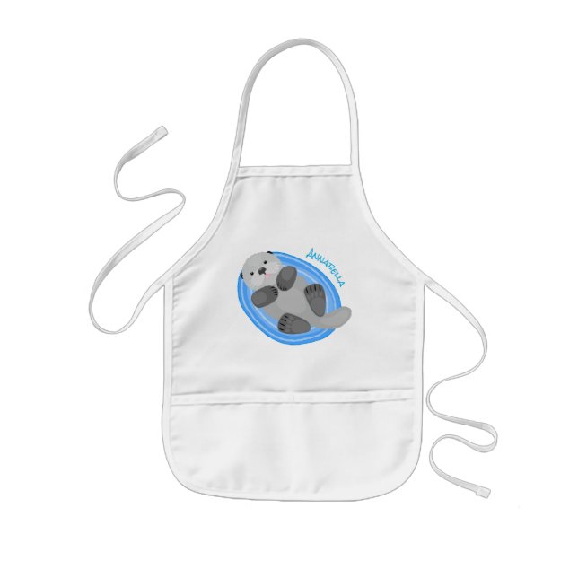 Cute happy sea otter blue cartoon illustration kids apron (Front)